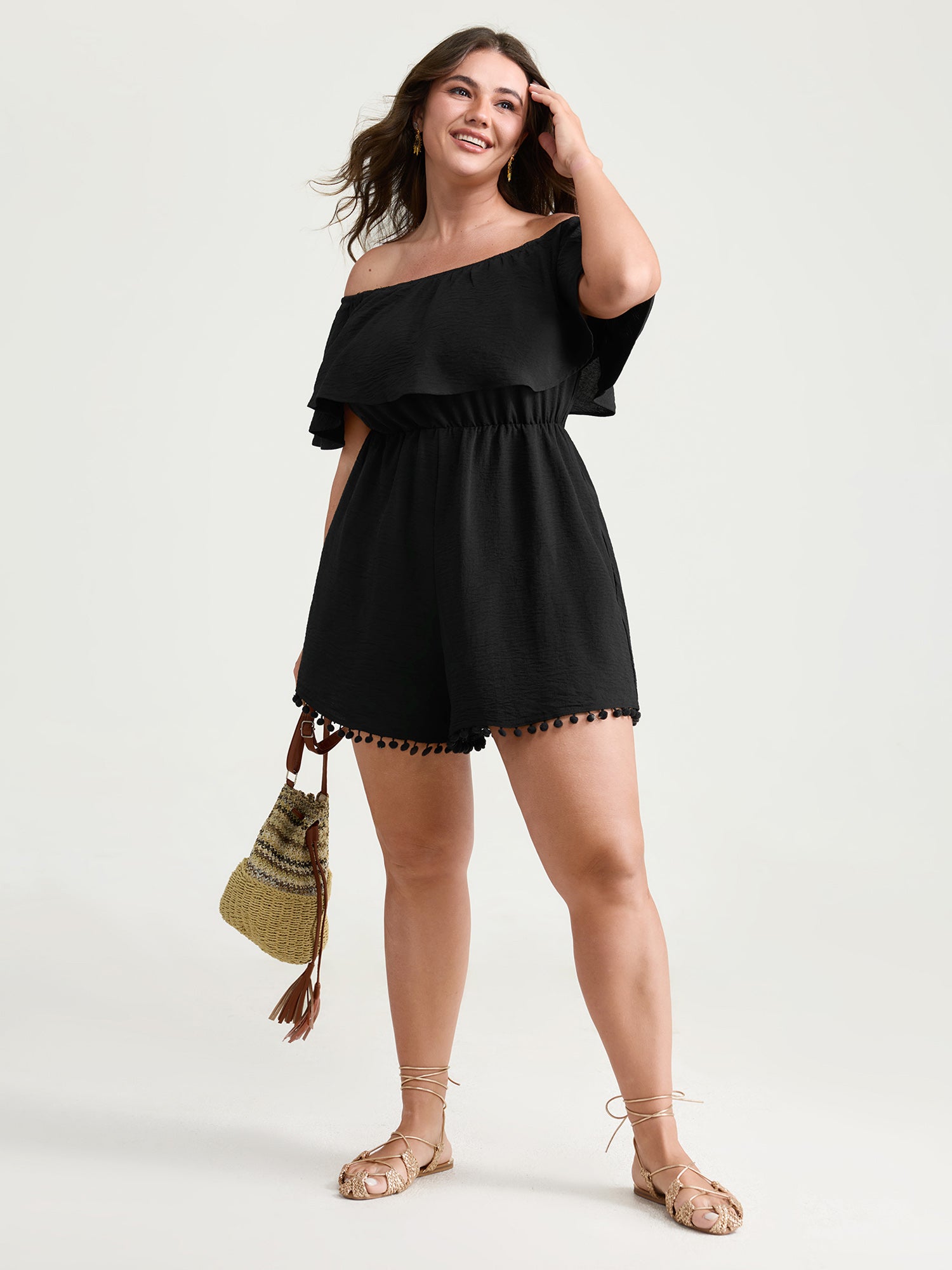 Off-Shoulder Tassel Hem Romper