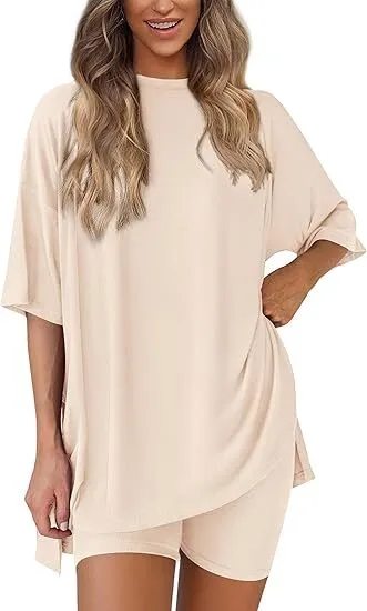 Women's Two Piece Lounge Set 2026 Summer Casual Oversized Shirts