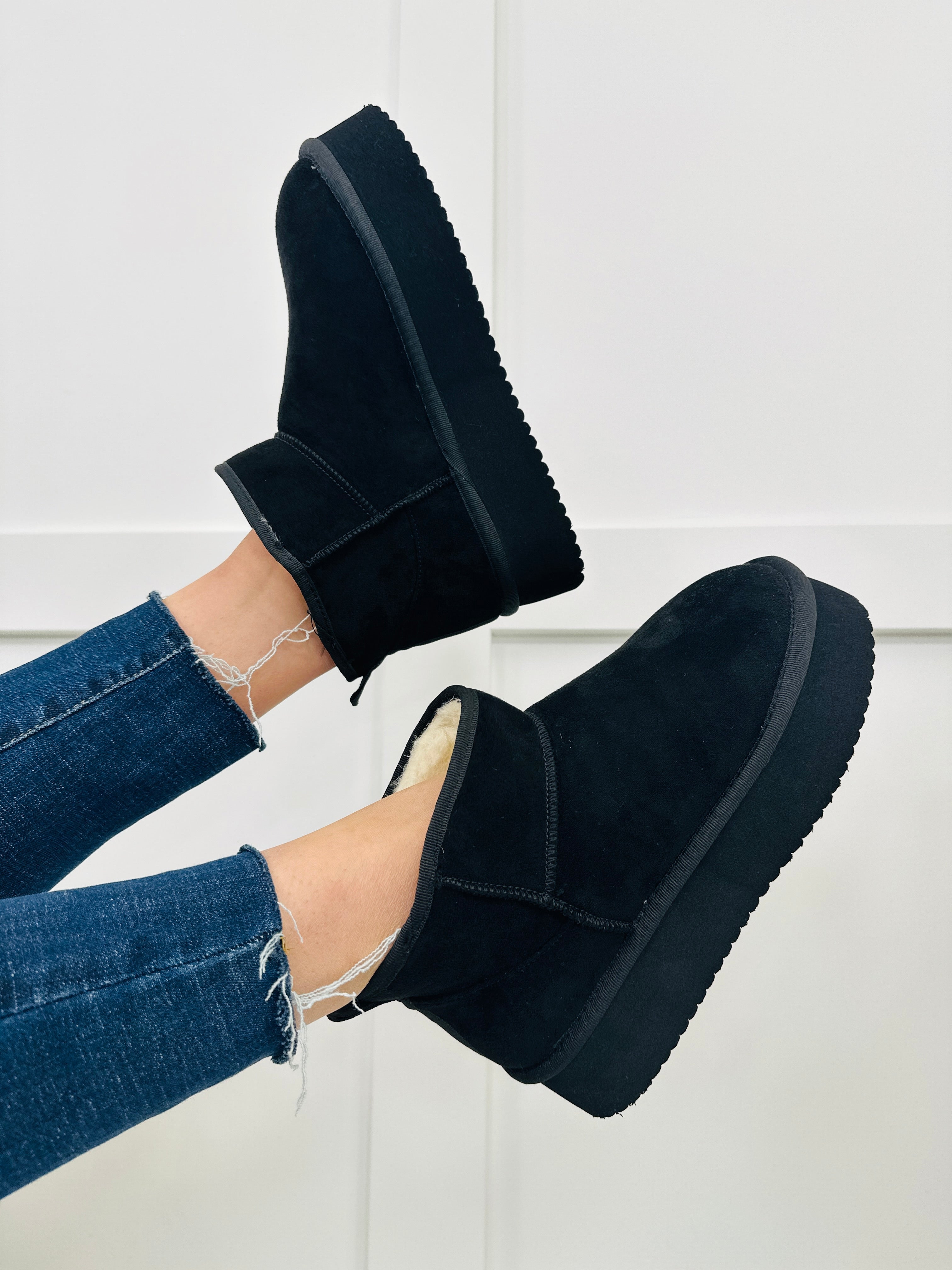 Toasty Terrain Booties In Black Faux Suede