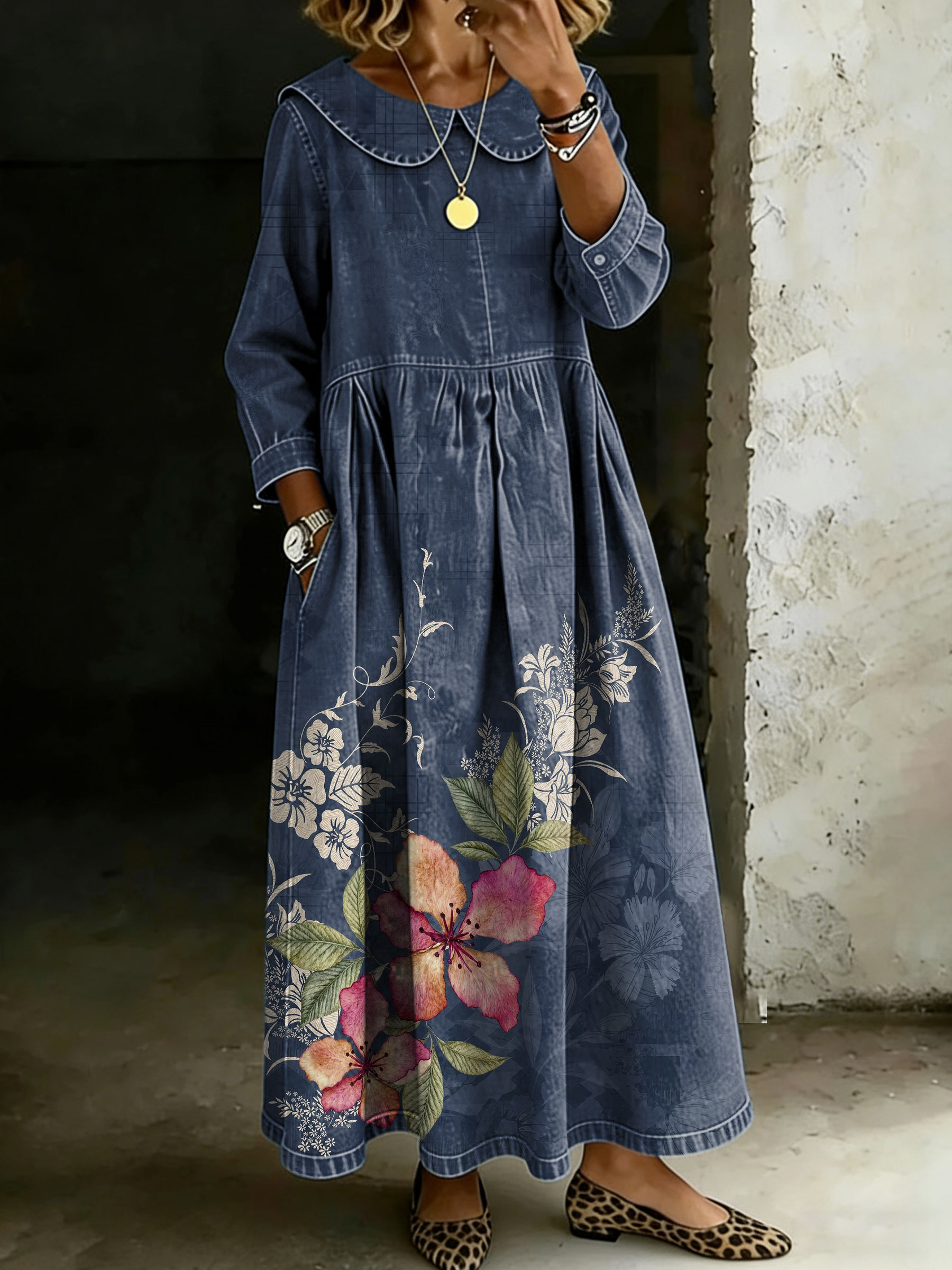 Women's Vintage Flower Peter Pan Collar Long-sleeved Casual Loose Denim Dress