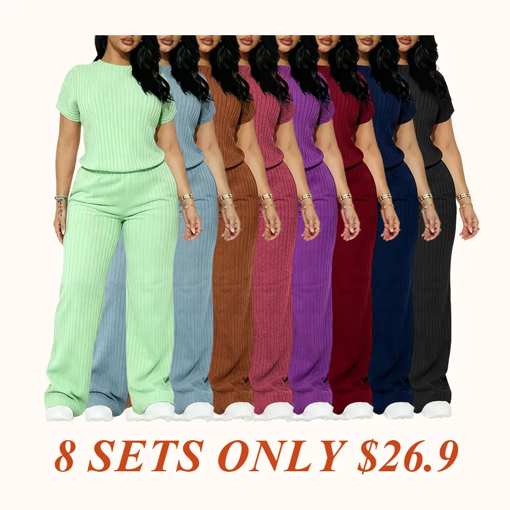 Women's Solid Shortsleeve Crewneck Ribbed Top & Wide Leg Pants Minimalist Casual Fitted