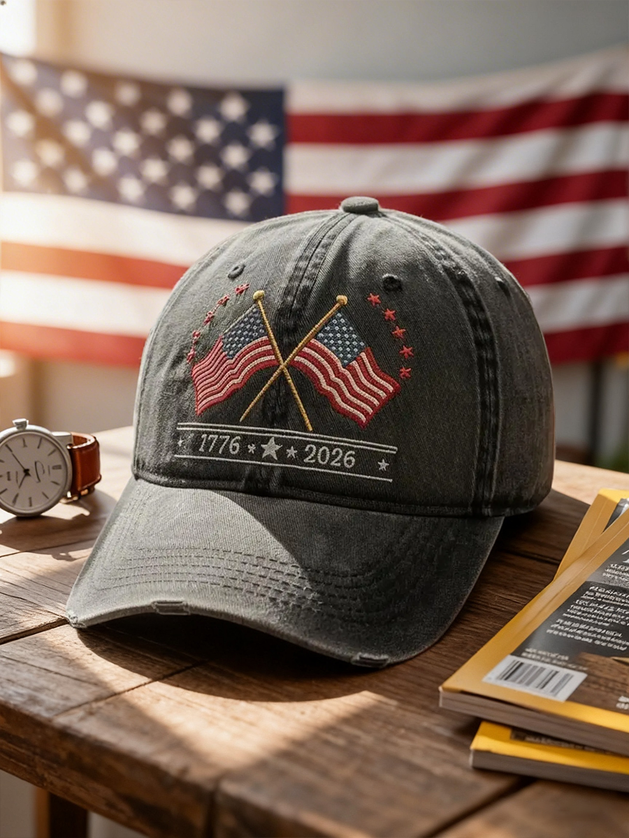 Crossed American Flags 1776-2026 Washed Baseball Cap