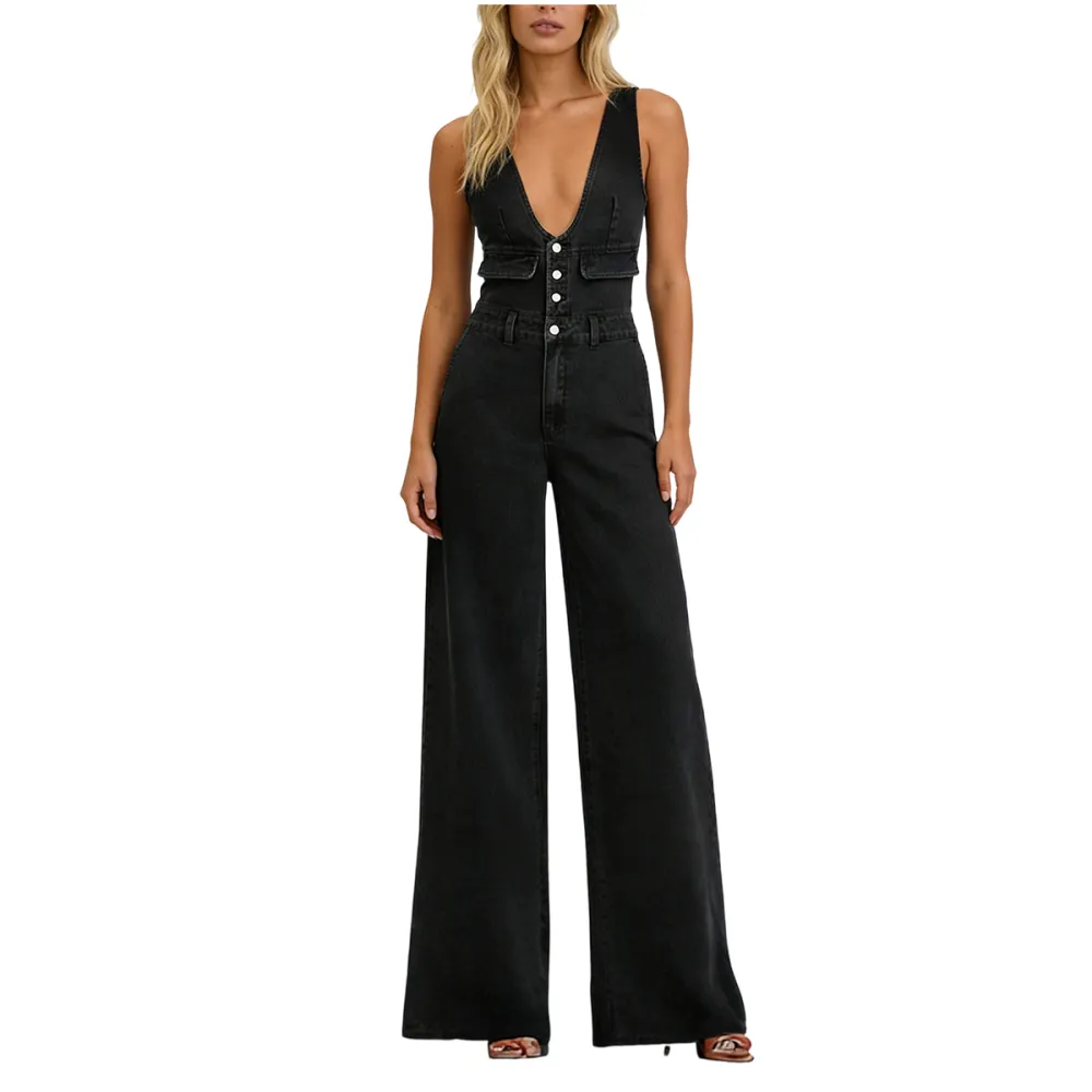 Womens Half Button Denim Jumpsuit Sleeveless V Neck Wide Leg Jeans Overall One Piece Outfits