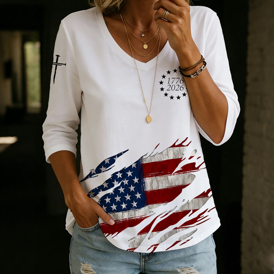 Women'S Independence Day 250Th Anniversary Founding Commemorative Print V-Neck Five Point T-Shirt