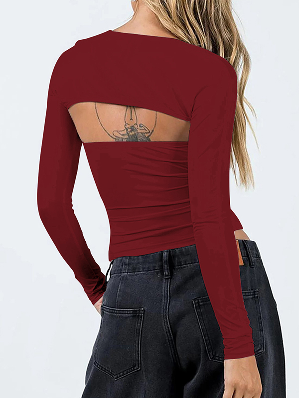 Solid Color Long Sleeves Skinny Collarless T-Shirts Tops