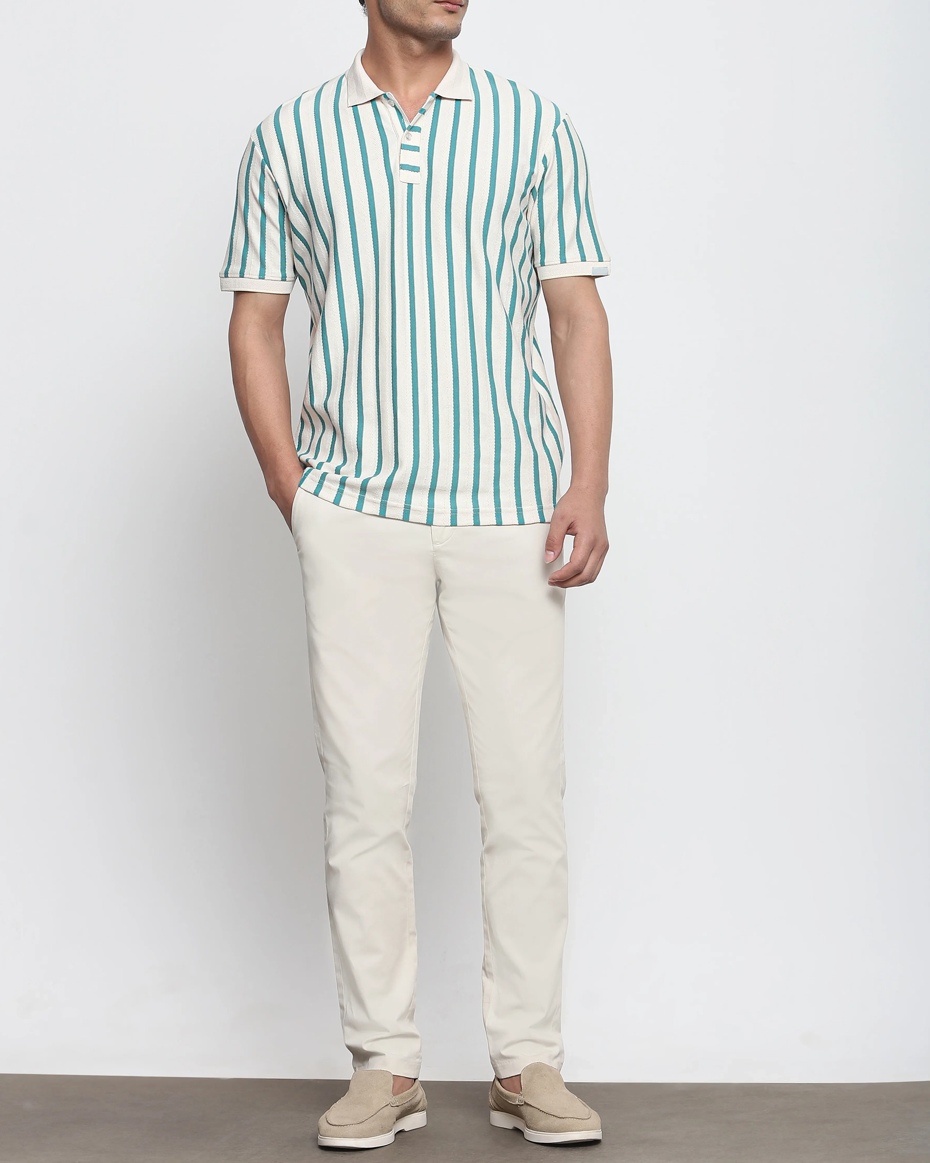 Daily Simple Teal Striped Textured Polo Shirt