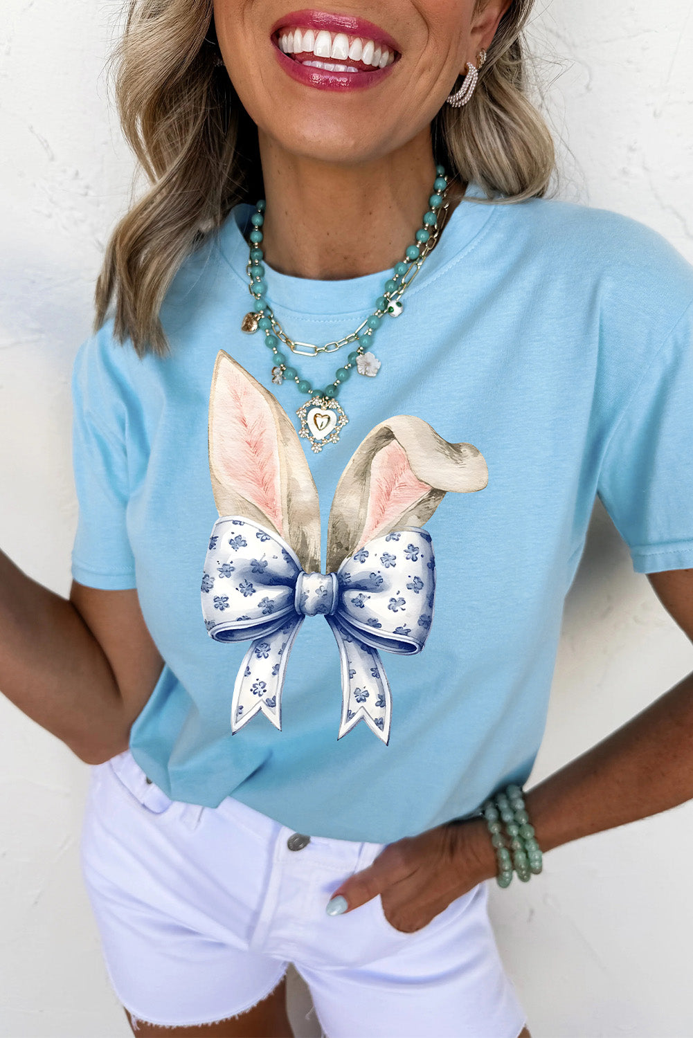 Light Blue Easter Bunny Ears Coquette Bow Graphic Tee