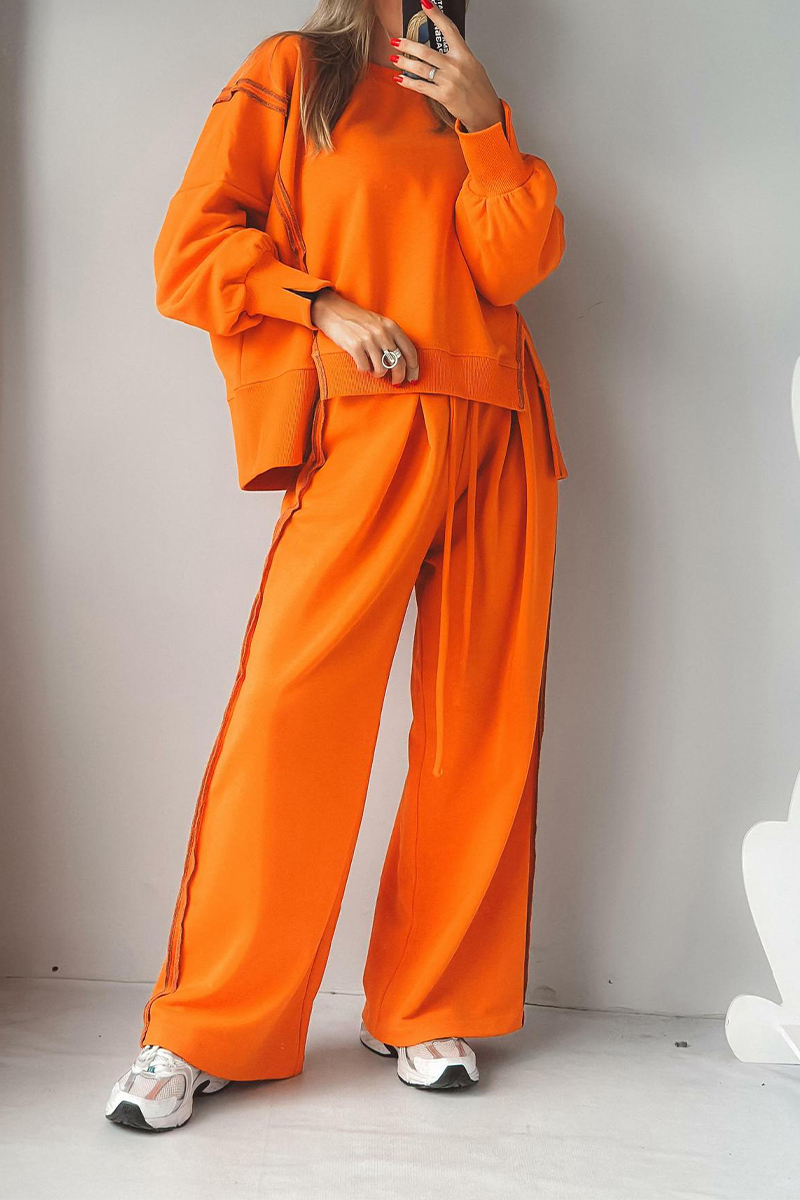 Women Round Neck Spliced Sweatshirt + Drawstring Pants Casual Set