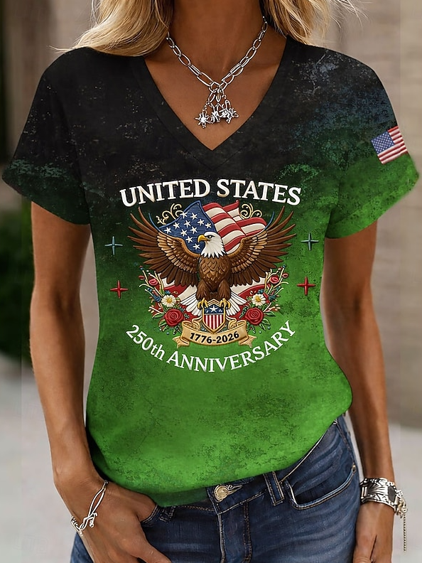 Gradient Pattern Casual Cotton V Neck T-Shirt