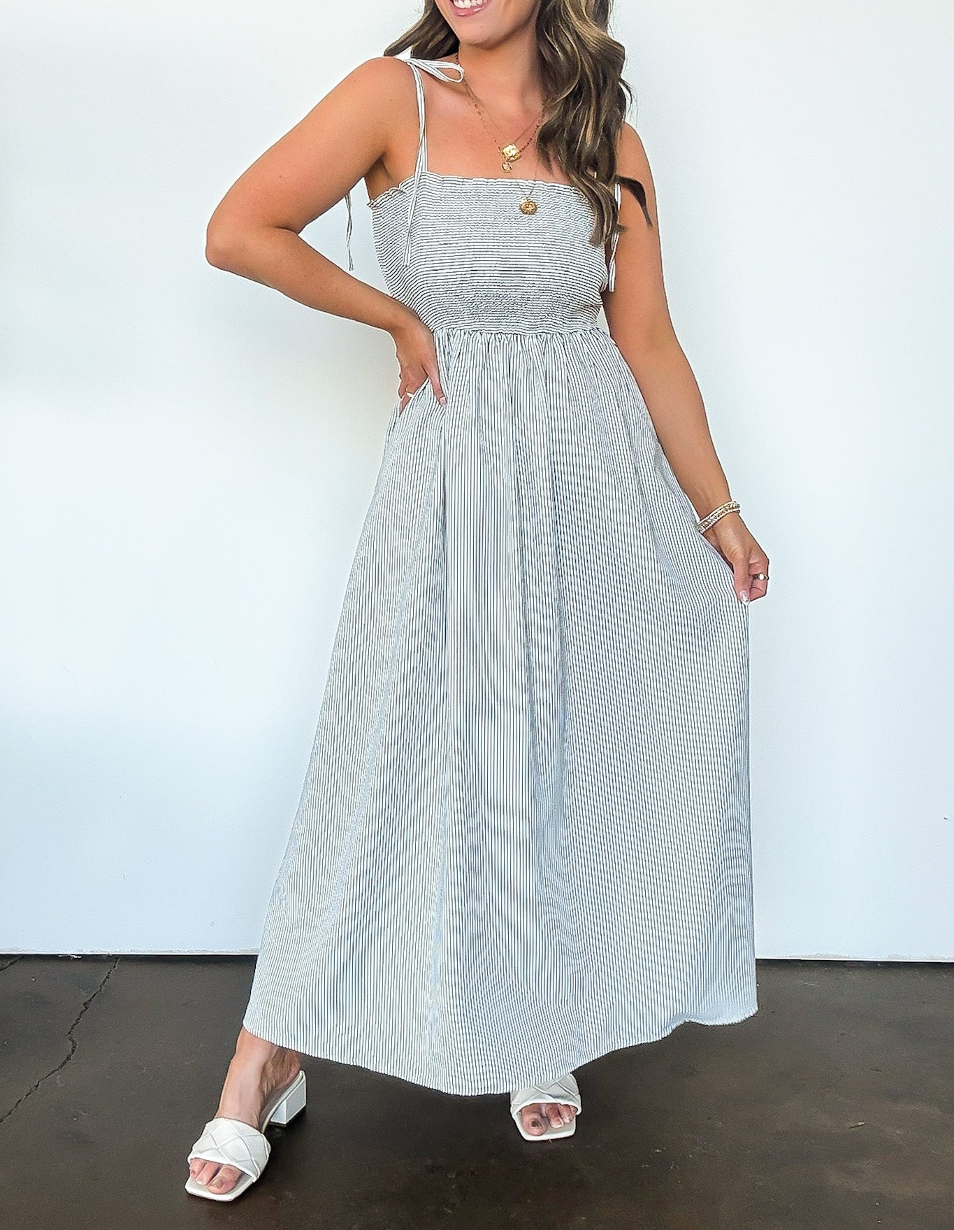 Sweet Spell Striped Tie Strap Smocked Dress