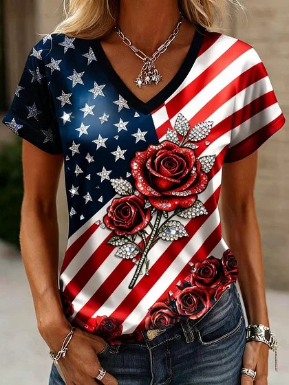 Women's Casual American 250Th Anniversary Printed V-Neck T-Shirt