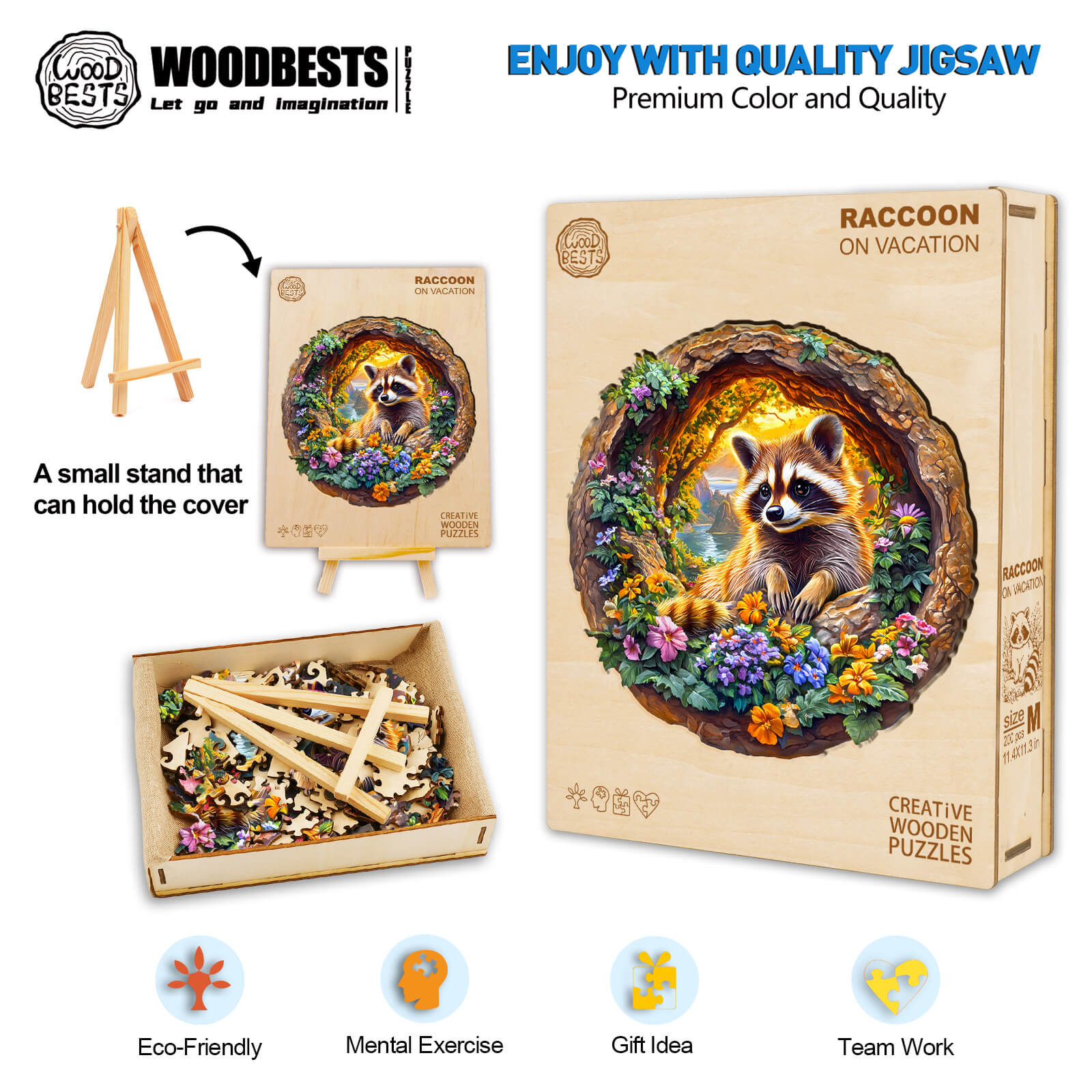3D Raccoon on Vacation Wooden Jigsaw Puzzle