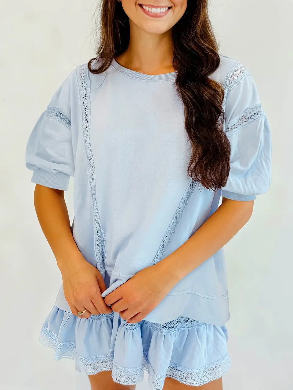 Fisoew Women's 2 Piece Cotton Lace Trim Outfit Set Short Sleeve Puff Sleeve Top & Ruffled Shorts Soft Casual Outfit