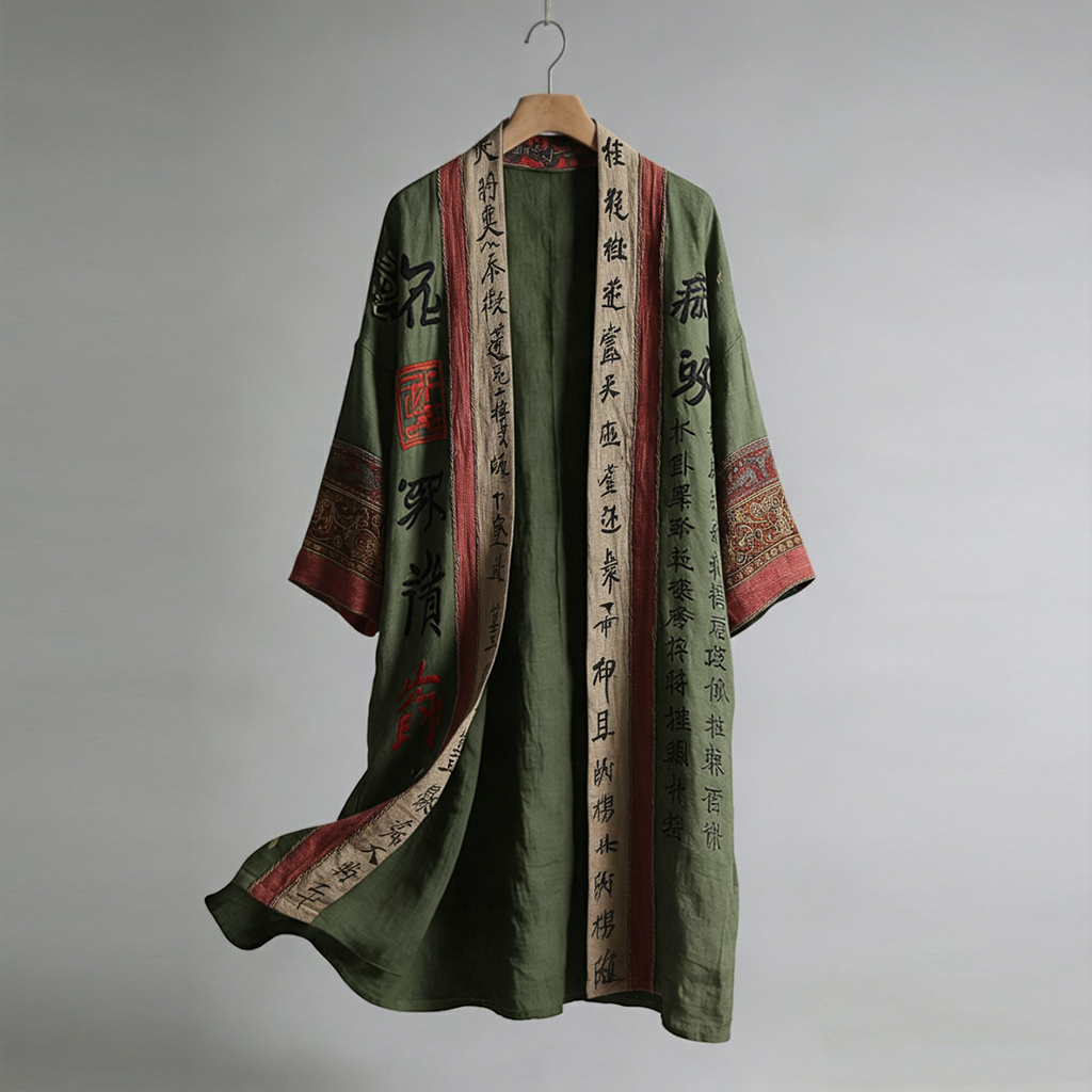 Men's Retro Calligraphy And Painting Art Linen Long Kimono