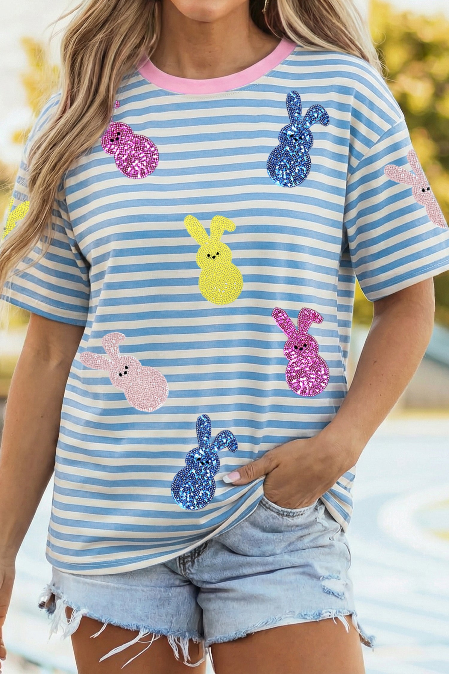 Sky Blue Stripe Sequin Easter Bunny Patched Drop Shoulder Tee