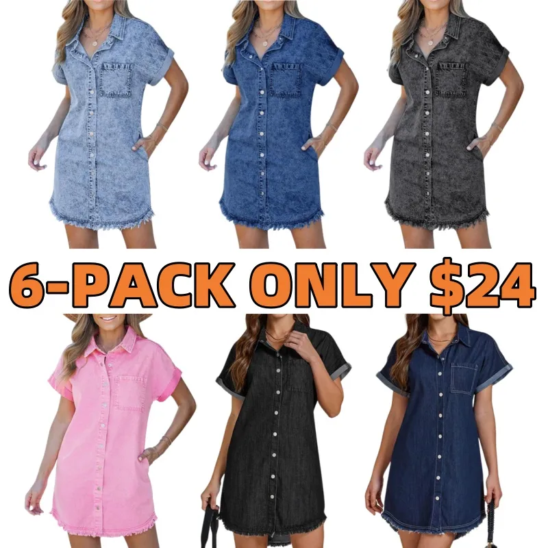Denim Dress for Women Button Down Short Sleeves