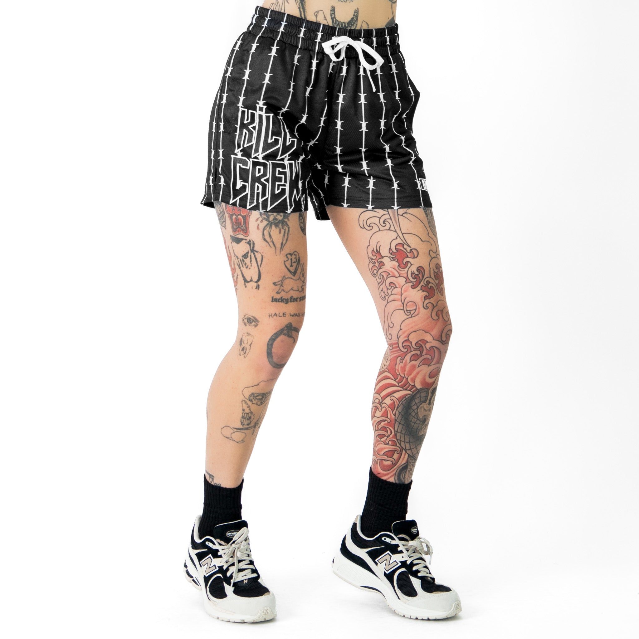 BARBWIRE MUAY THAI SHORTS (MID THIGH CUT) - BLACK / WHITE
