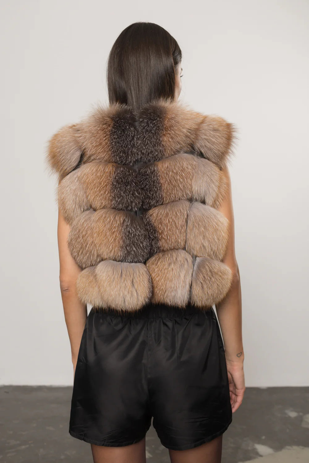 Haină din Blană Naturală de Vulpe și Piele, Transformabilă, Femei, Brown Frost 249