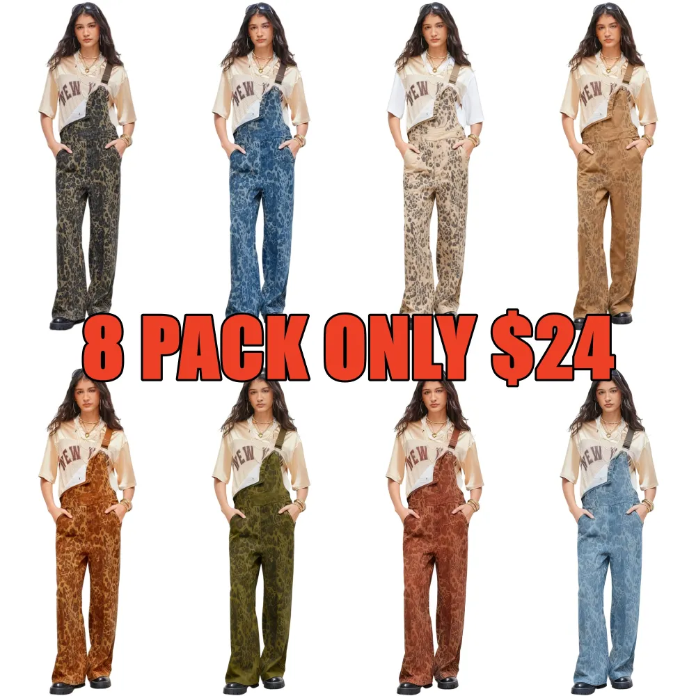 Women's Leopard Buckle Oversized Denim Wide Leg Jumpsuit