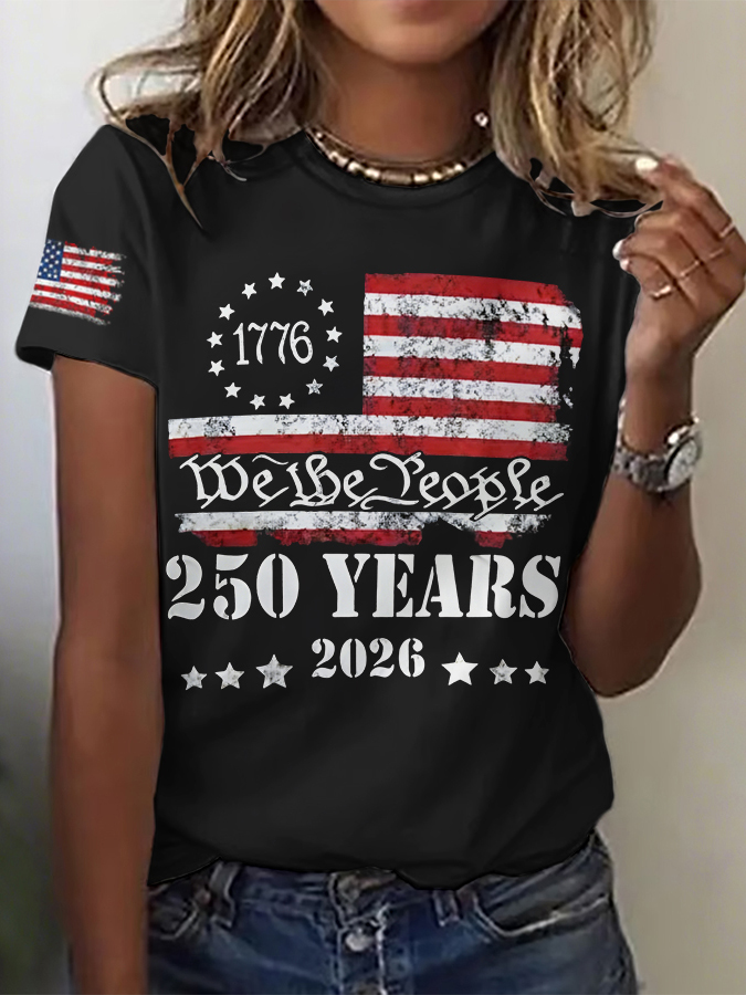 Women'S Retro American Independence Day Commemorative Printed Round Neck T-Shirt