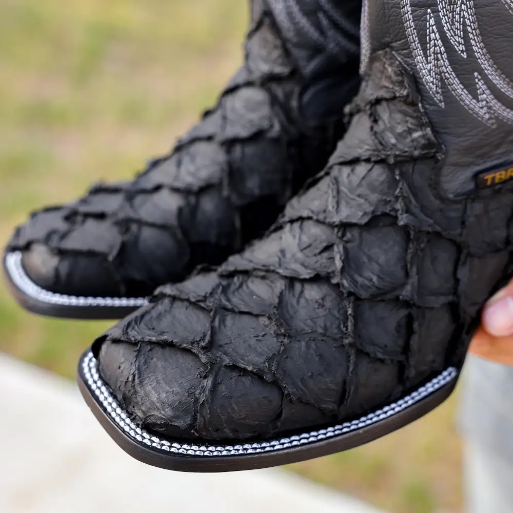 Matte Black Jumbo Pirarucu Leather Boots - Square Toe