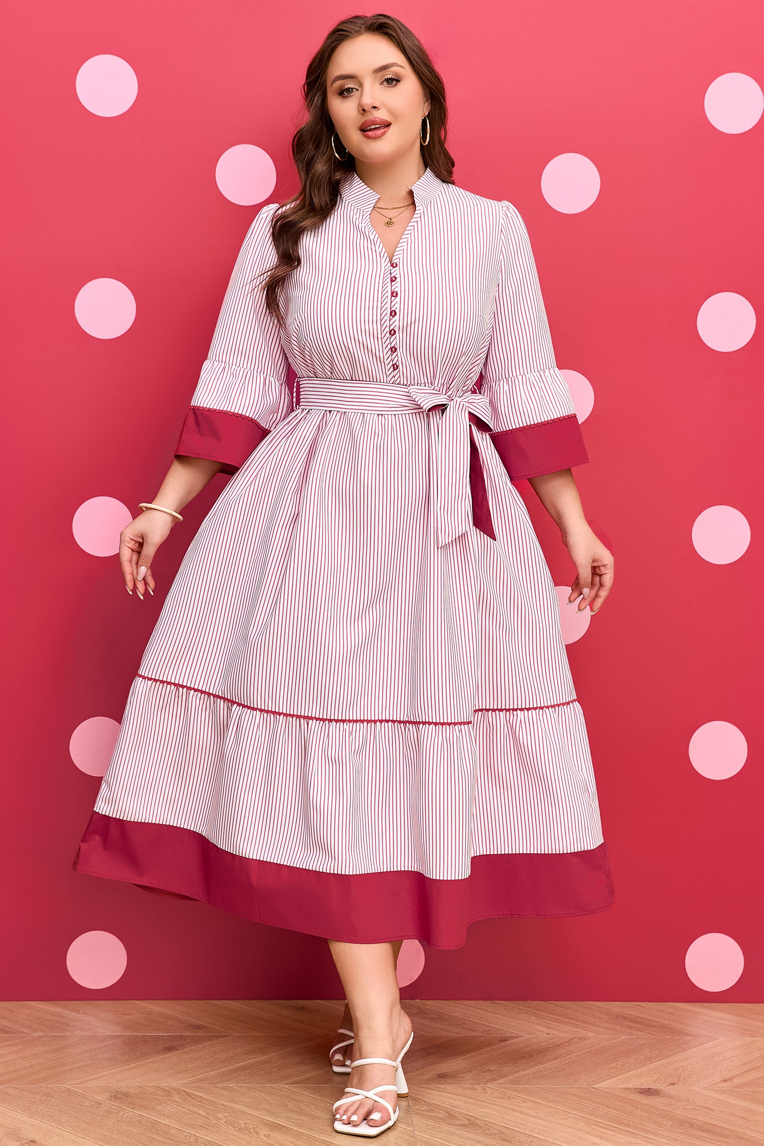 Red Stripe Plus Size Ruffled Hem Pinstriped Midi Dress