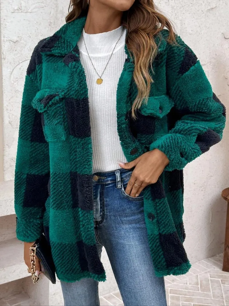 Women's Plaid Print Button Front Fuzzy Coat