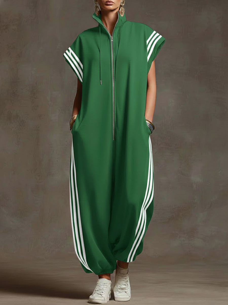 Women's Stand-collar Short-sleeved Casual Loose Cotton Wide-leg Jumpsuit