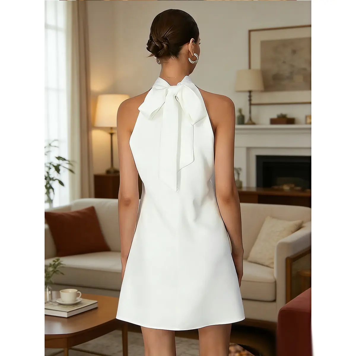 Women's Pearl Beaded Halter Twist Sleeveless Tie Back Dress A Line Dress