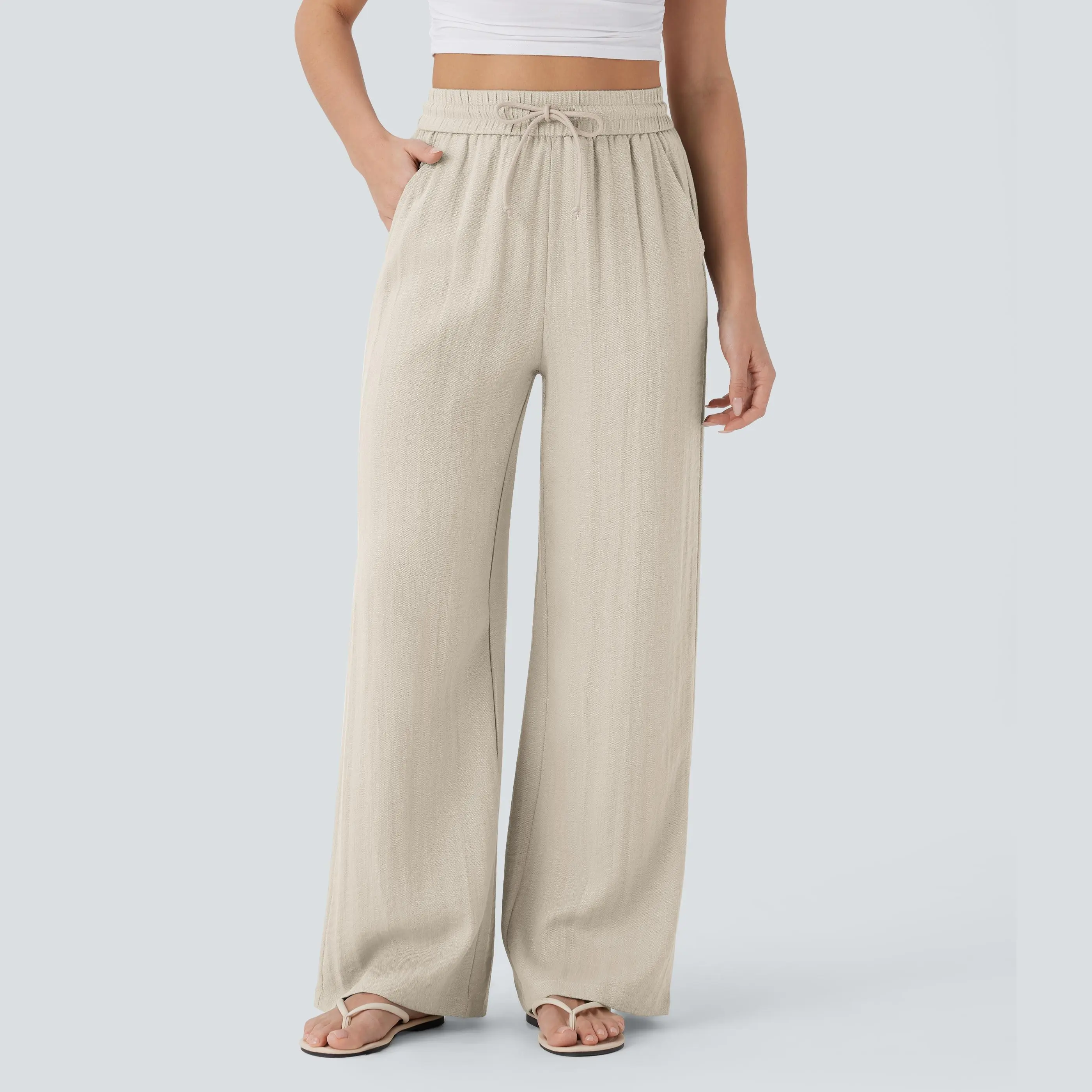 High Waisted Drawstring Pocket Wide Leg Casual Linen-Feel Pants