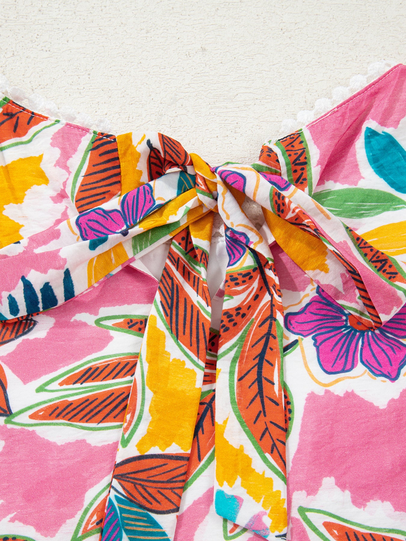 Floral Print Lace Trimmed Tie Back Bell Sleeve Swing Mini Dress