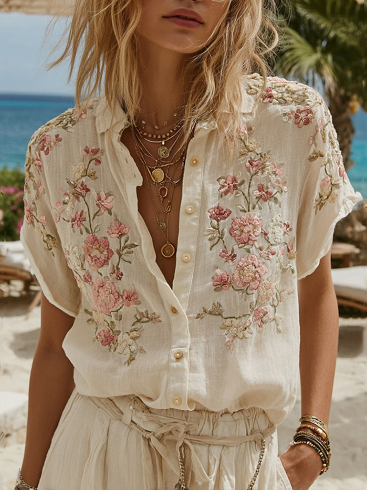 Women's Vintage Pink Floral Embroidery Art Casual Short Sleeve Shirt