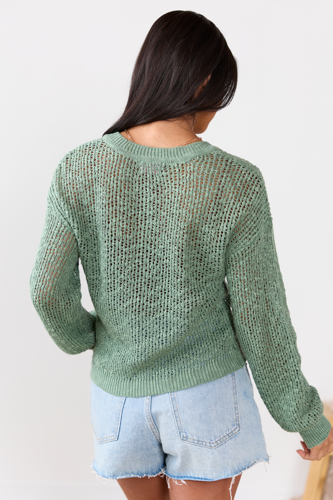 Lotus Long Sleeve Sage Open Knit Henley Sweater