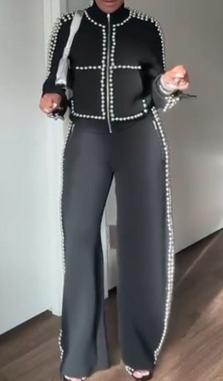Women High Neck Round Bead Decorative Jacket+ Pants Temperament Casual Suit