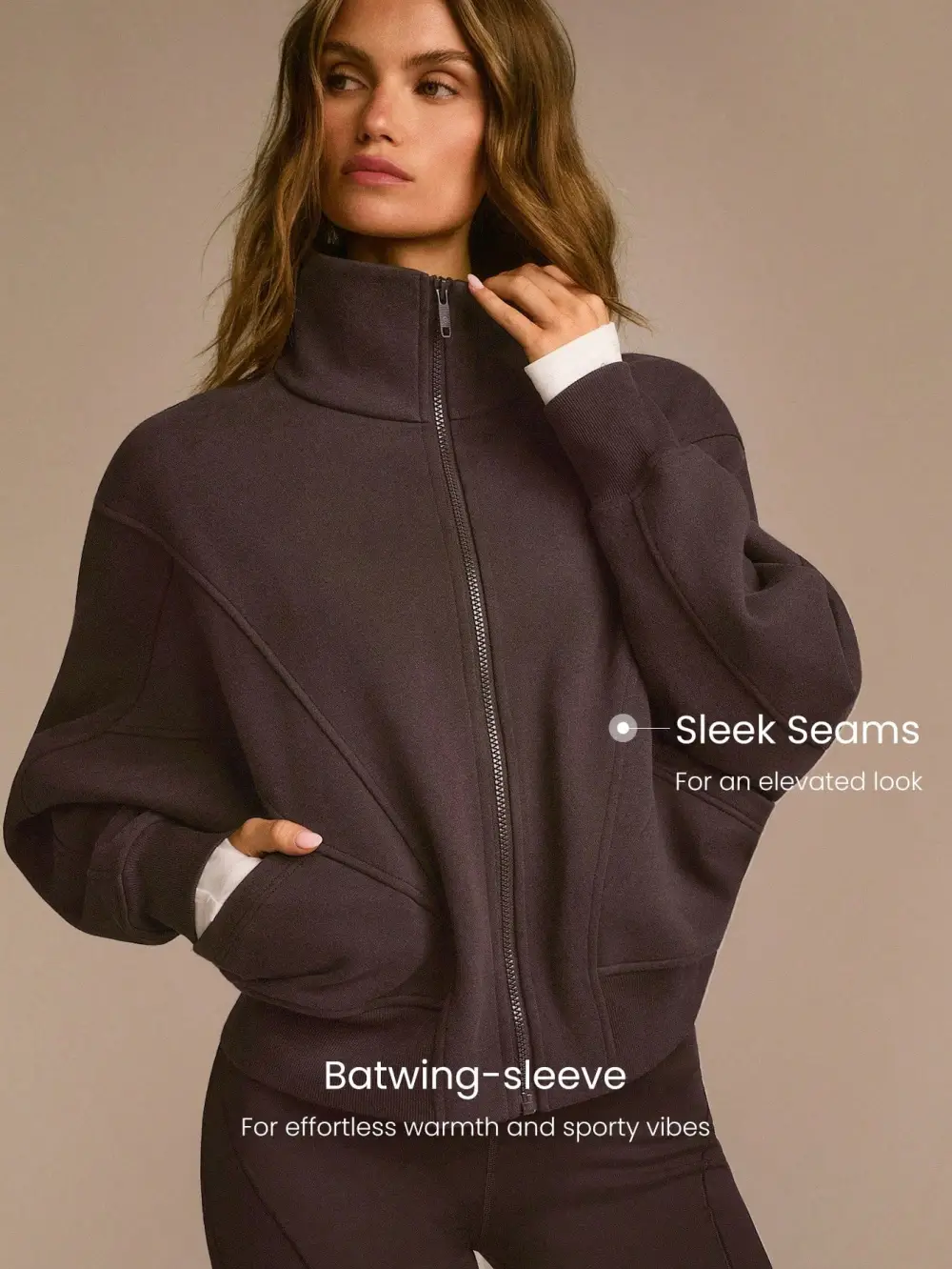 Everyday Fleece WarmthSoft Warm Lightweight Front Back Seam Detailing Pockets Batwing Sleeve High Neckline Full-Zip Jacket