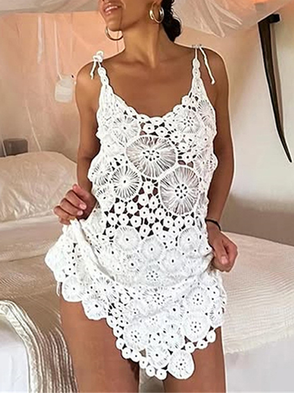 Flower Hollow Sleeveless Paghetti-Neck Backless Vacation Beach Cover-Ups Mini Dresses