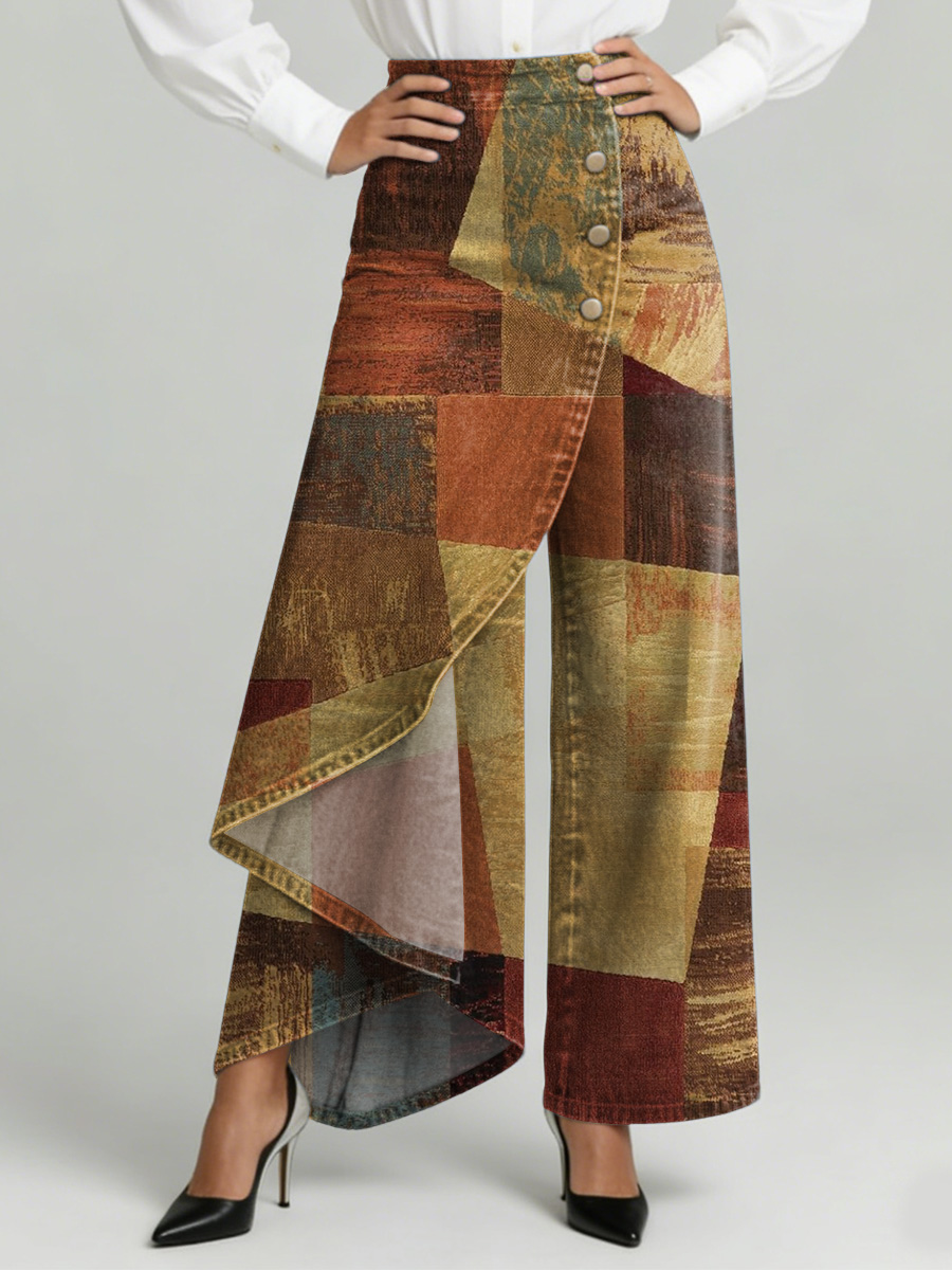 Women's Vintage-style Colorful Color Block Decorative Patterns High-waisted Relaxed Fit Wide-leg Jeans With A Stylish Design