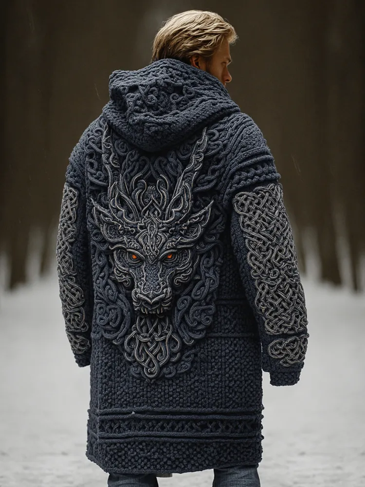 Men's Viking Dragon Head Celtic Knot Pocket Mid-length Cardigan