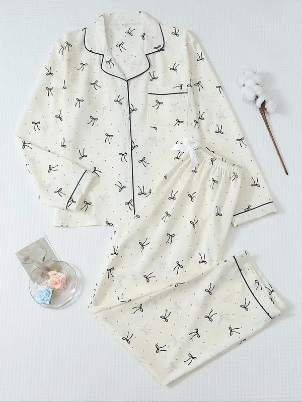 Women's Striped Bow Print Long Sleeve Pajama Set