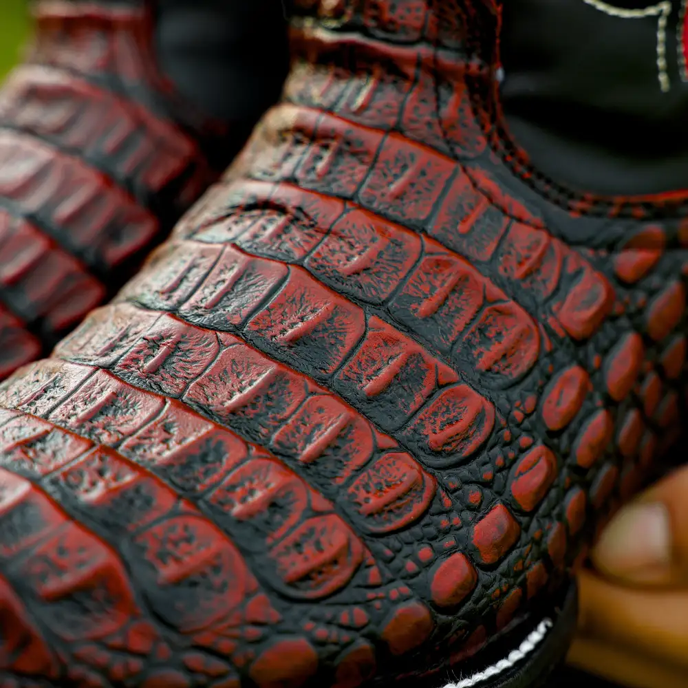 Black Cherry Caiman Hornback Leather Boots - Round Toe