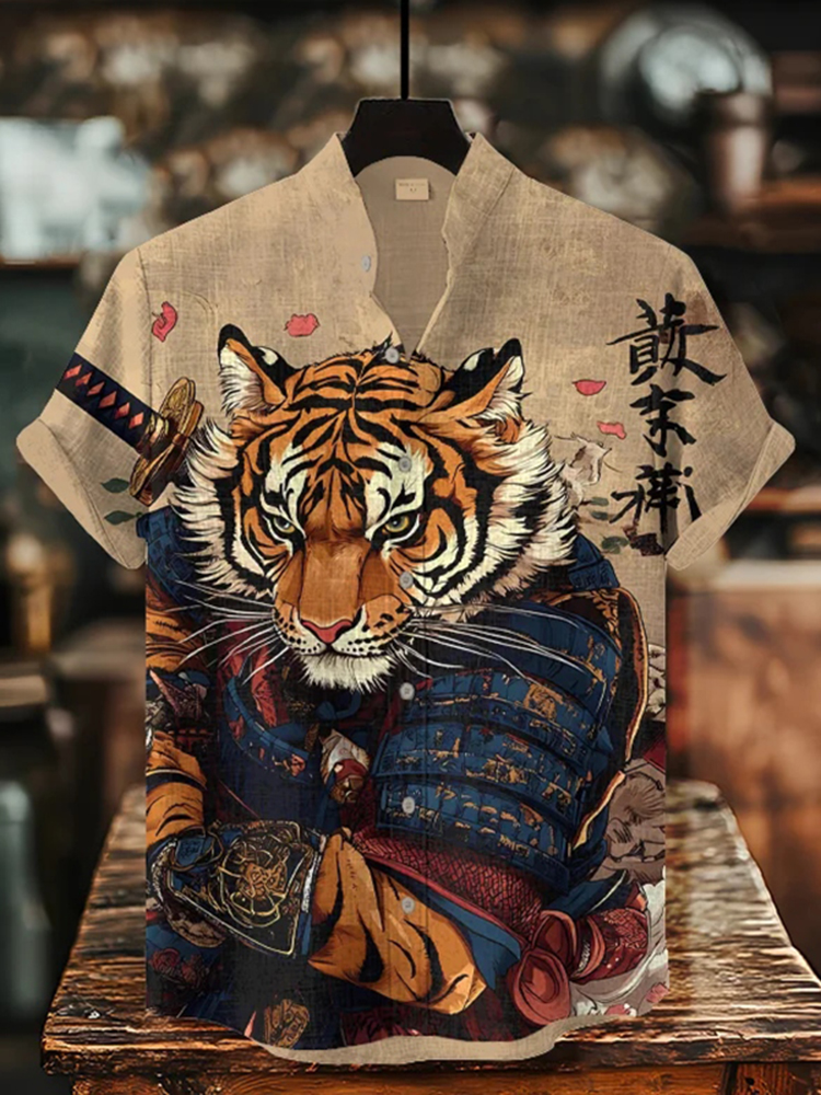Men's Tiger Warrior Calligraphy Art Print Casual Shirt