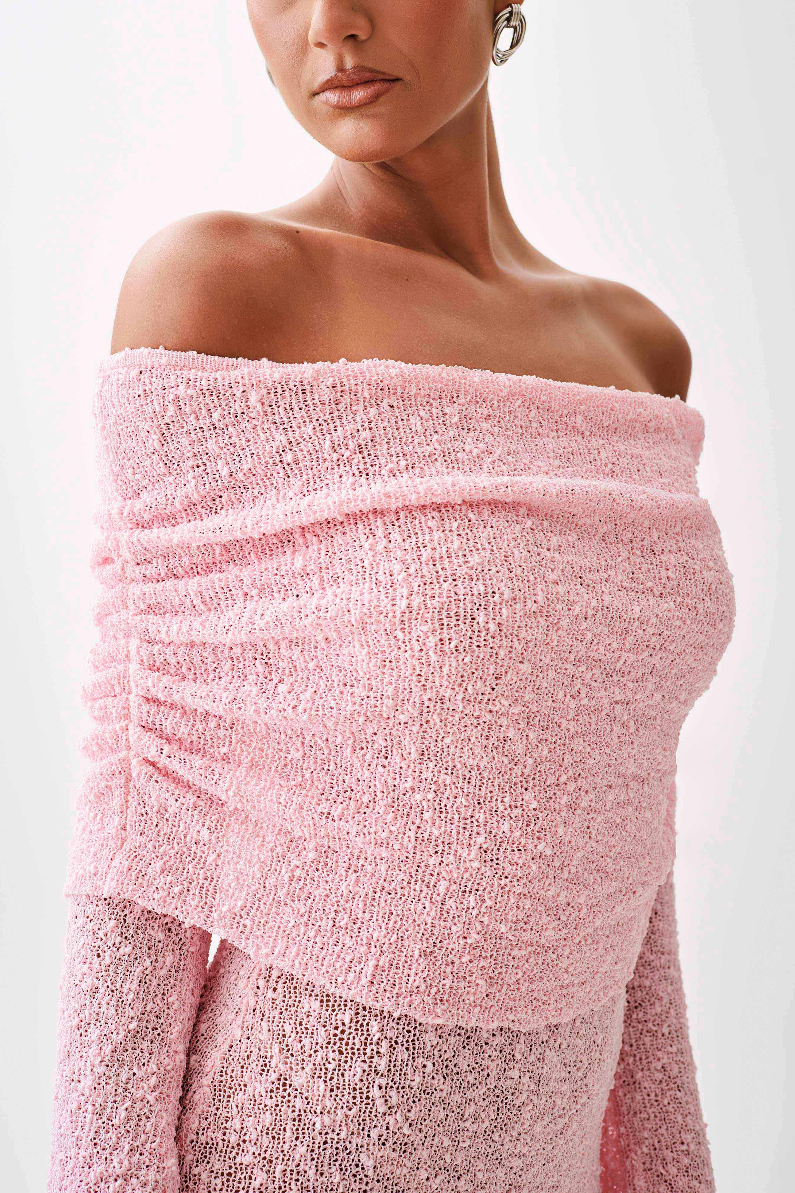 Pink Off Shoulder Boucle Mini Dress