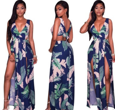 Botanical Print Slit Backless V-Shaped Nightclub Maxi Dress