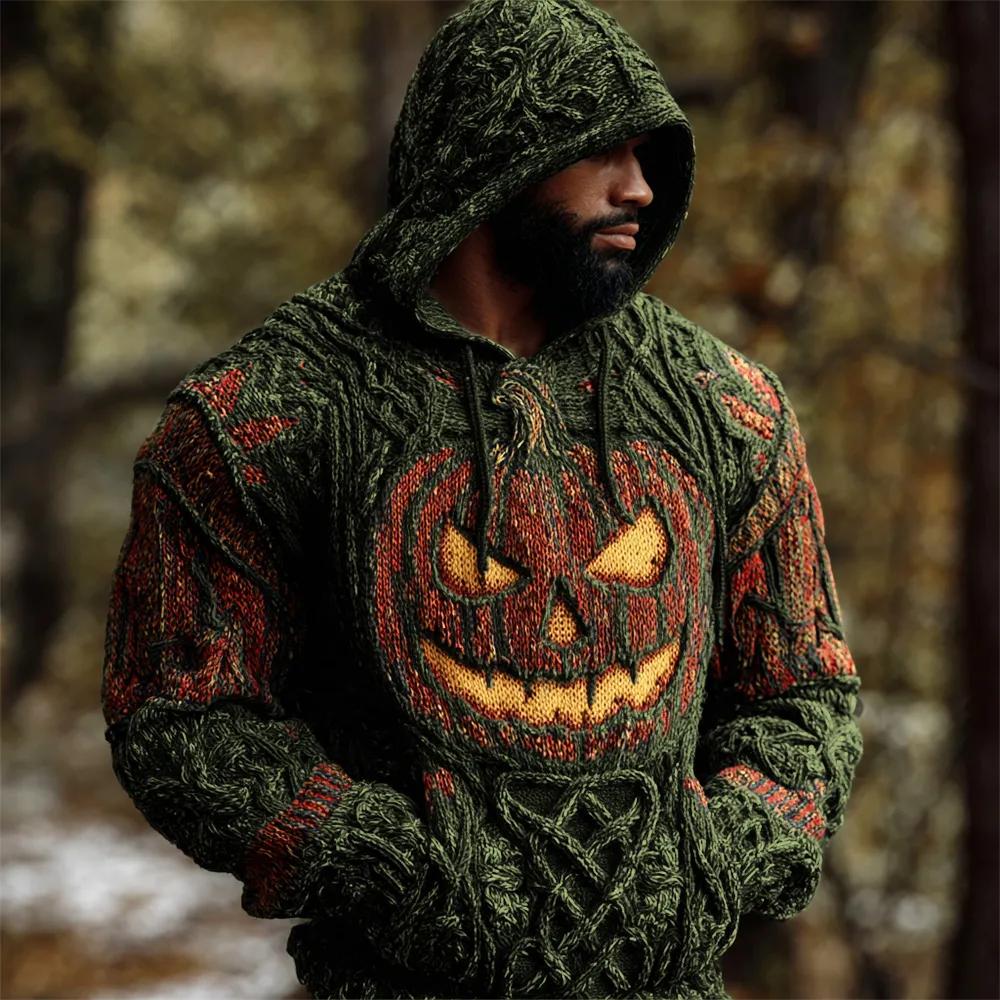 Halloween Pumpkin Lights Men's Chunky Knit Hooded Sweater