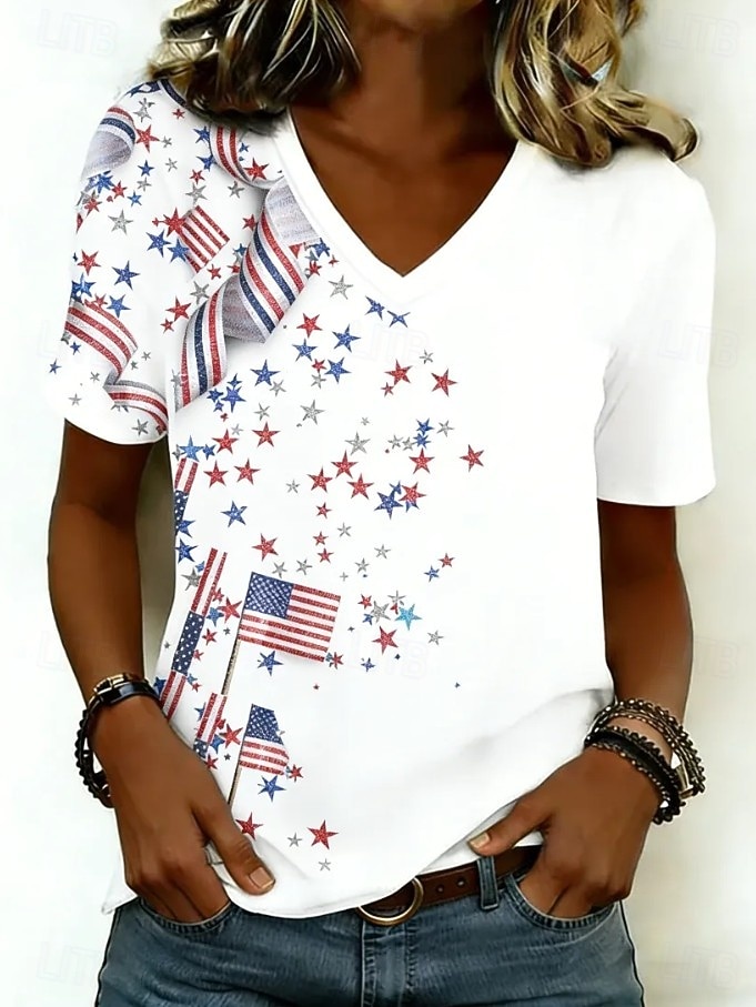 Women's USA Flag Star Patriotic V-Neck T-Shirt
