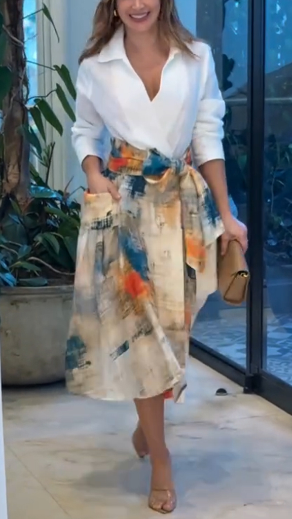 Women Lapel Shirt + Printed Skirt Casual Suit