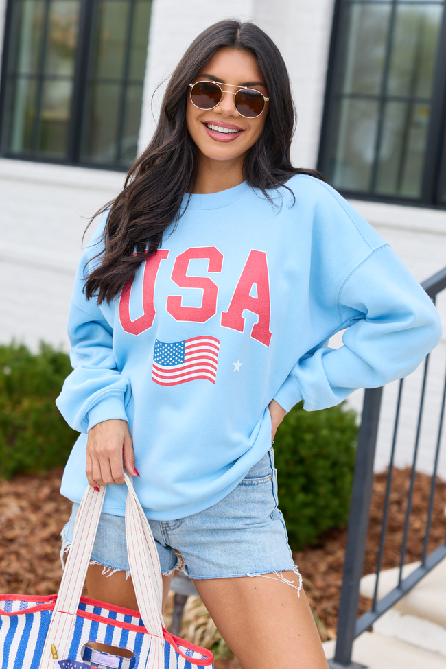 USA Flag Light Blue Graphic Sweatshirt