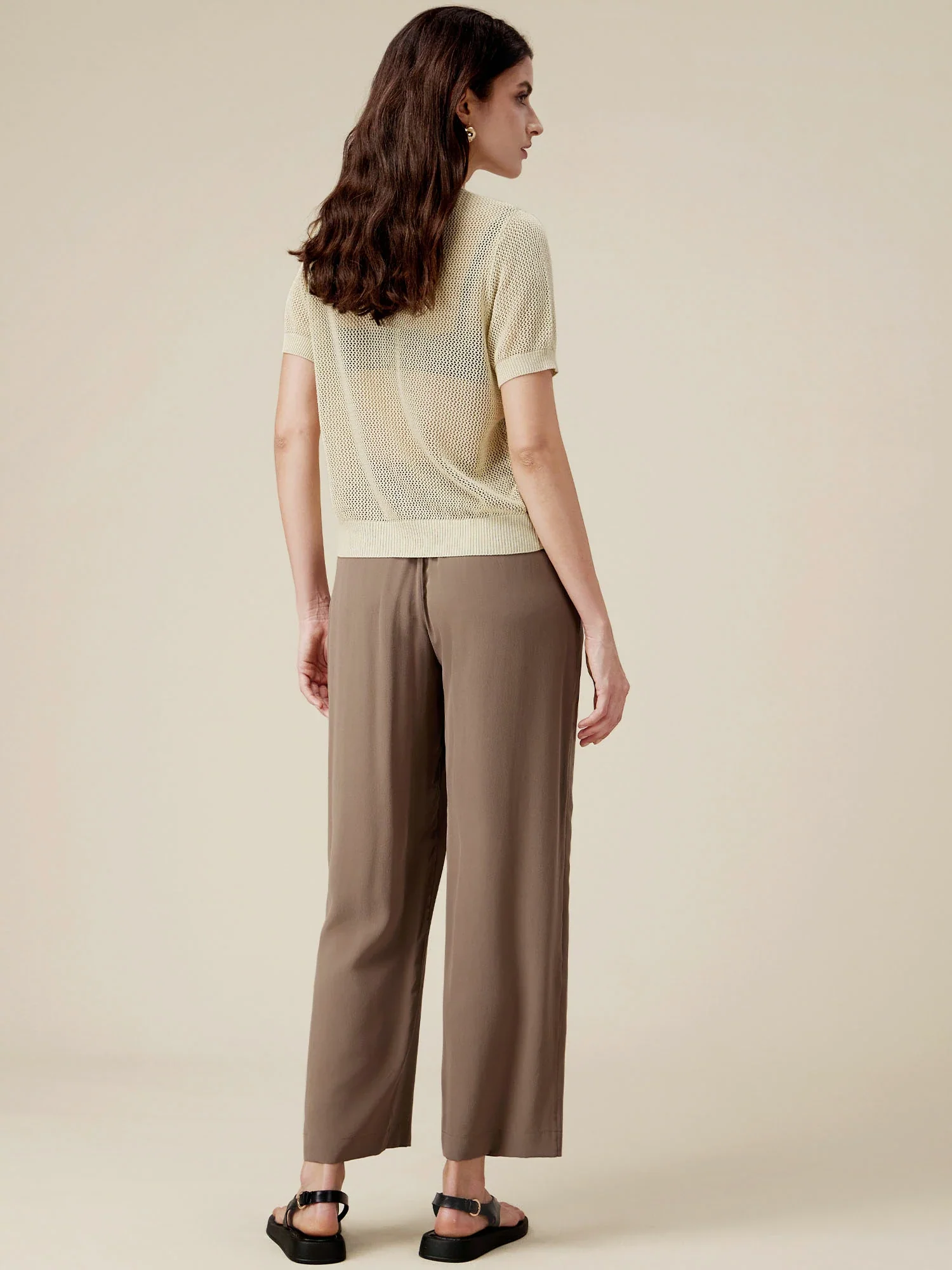 Linen & Lyocell V-Neck Short Sleeve Zipper Hollow Out Cardigan