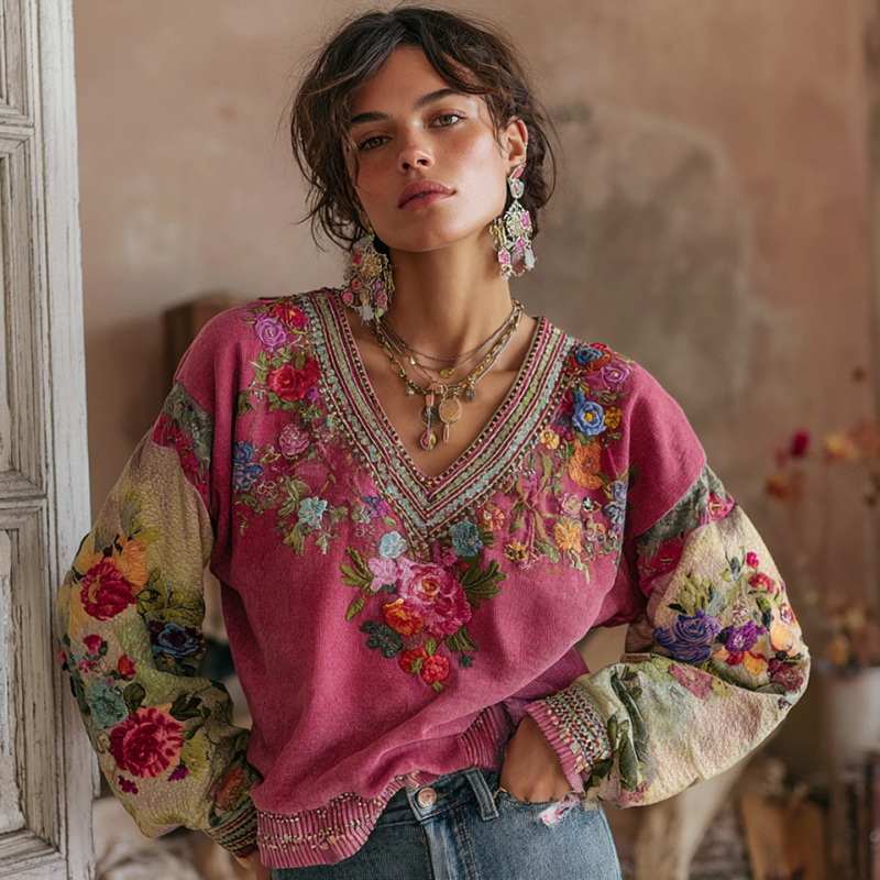 Women's Bohemian Floral Embroidery Art Contrast Color V-neck Casual Sweatshirt
