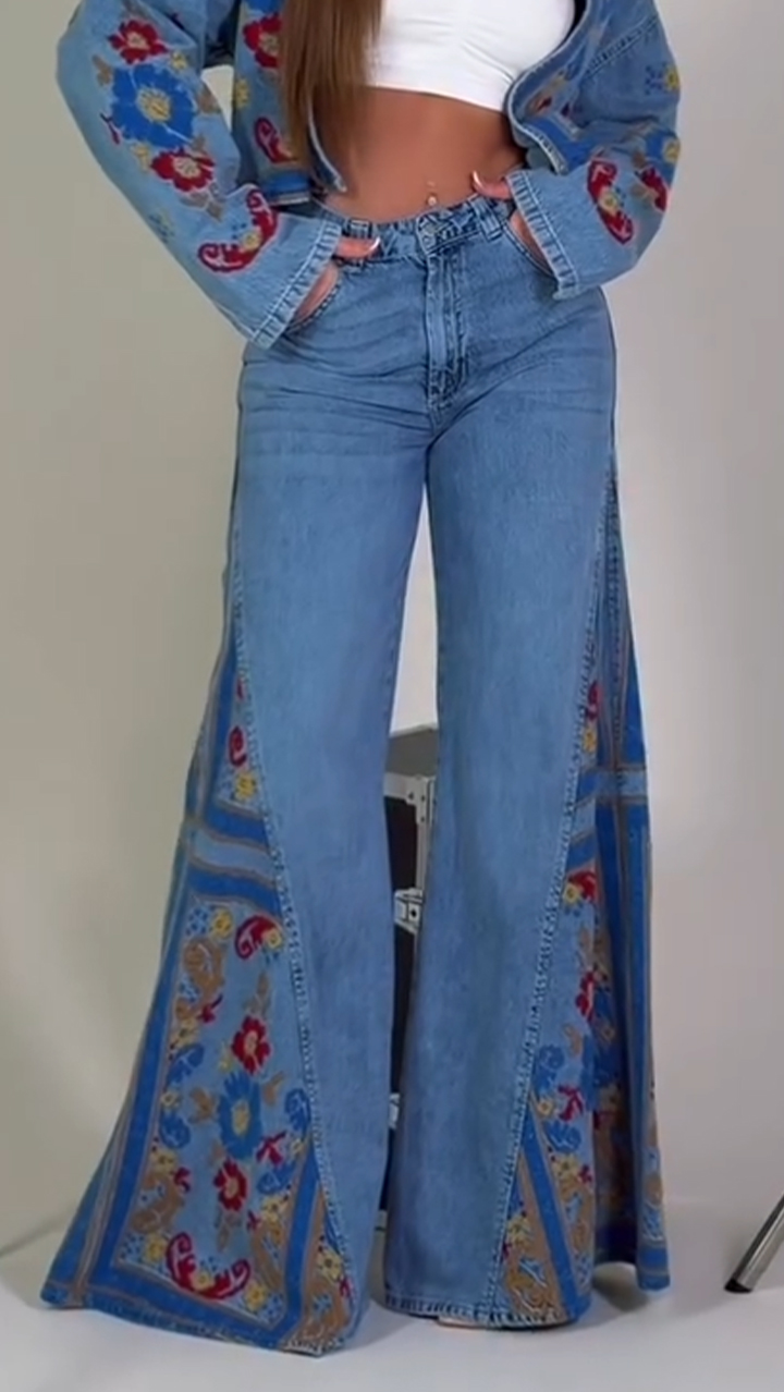 Women Collar Printed Jacket+ Pants Casual Denim Suit